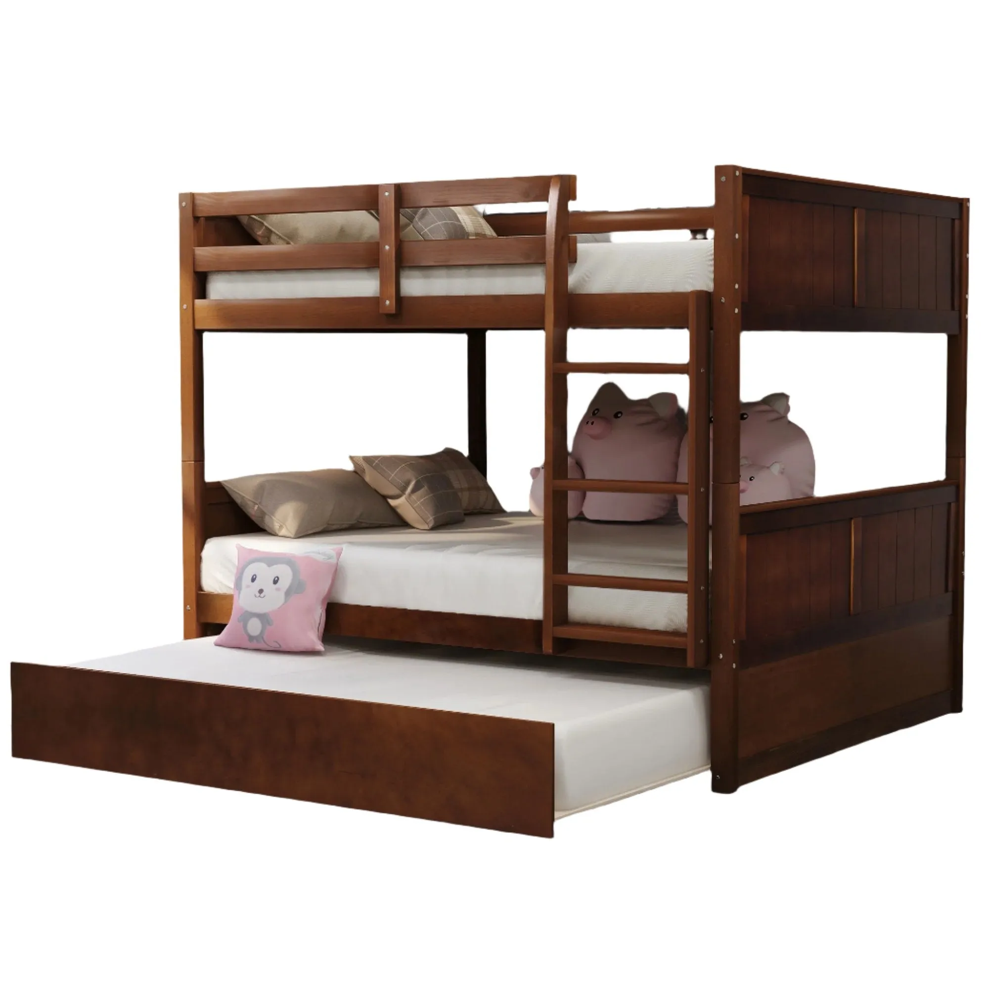 Full Over Full Bunk Bed with Twin Size Trundle, Walnut