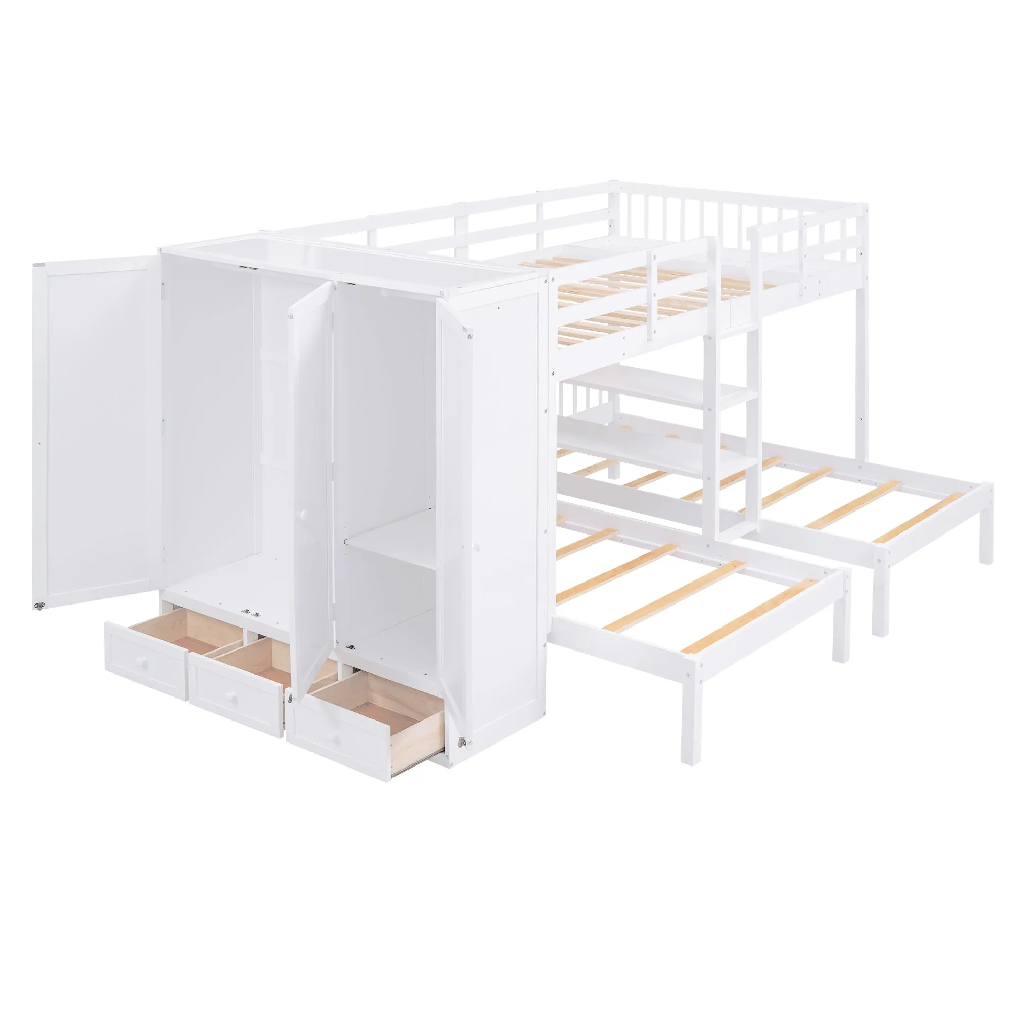 Full-Over-Twin-Twin Bunk Bed with Shelves, Wardrobe and Mirror, White