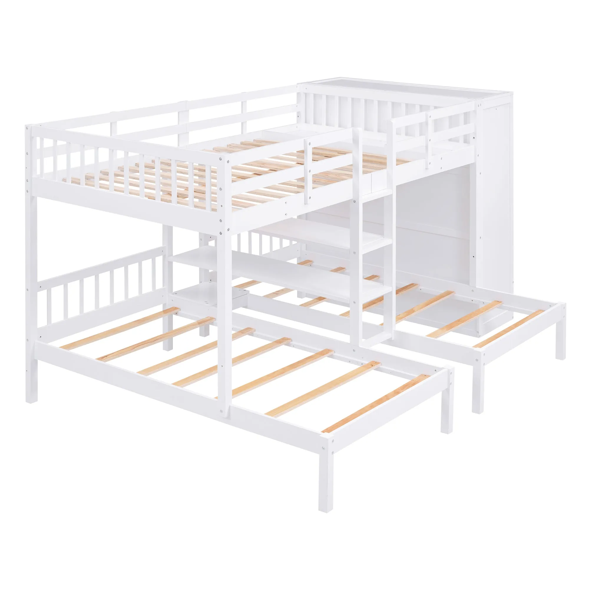 Full-Over-Twin-Twin Bunk Bed with Shelves, Wardrobe and Mirror, White