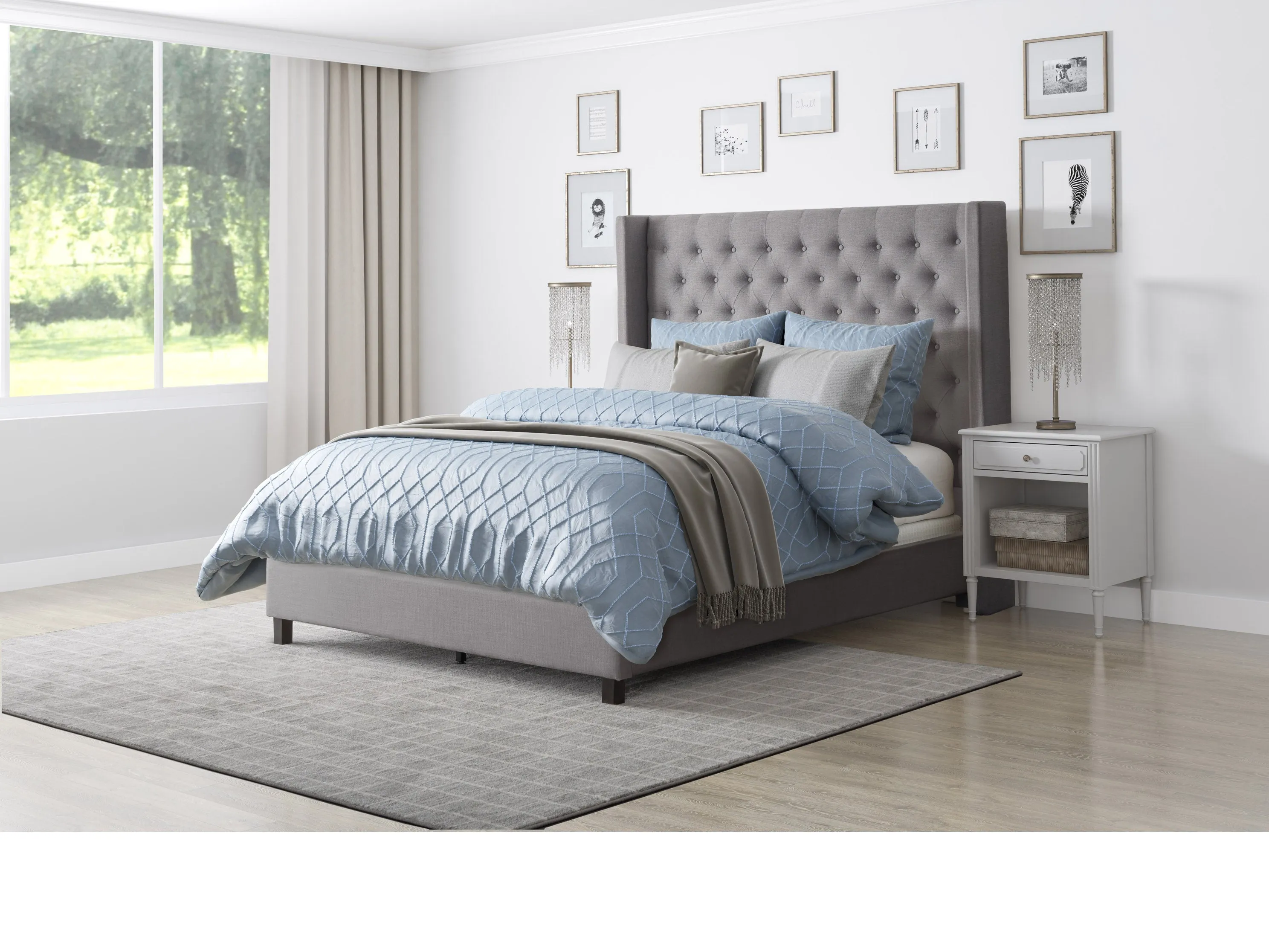 Grey Tufted Queen Bed with Slats