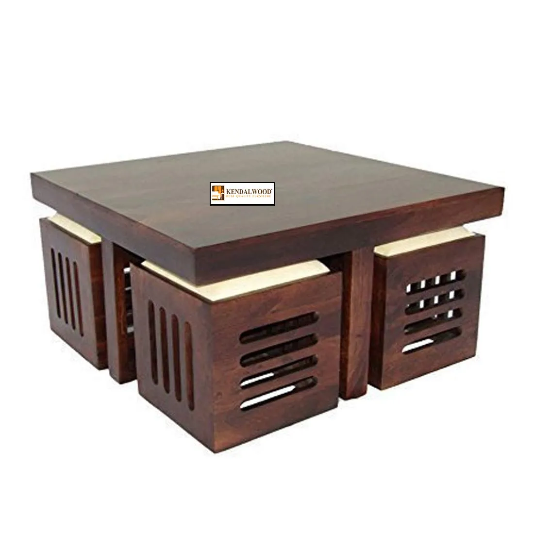 Hariom Handicraft Furniture Sheesham Wood Coffee Table for Living Room with Capsule Cut Stool | Center Table with 4 Stools (Finish Color :- Brown Finish)