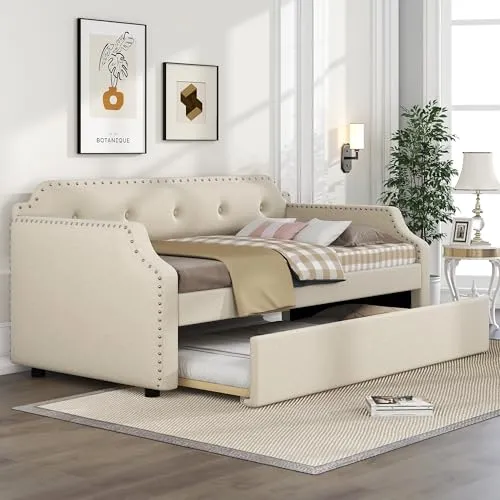 Harper & Bright Designs Twin Daybed with Trundle, Upholstered Wood Daybed with Trundle, Twin Size Trundle Daybed Sofa Bed for Bedroom Living Room,No Box Spring Needed,Beige