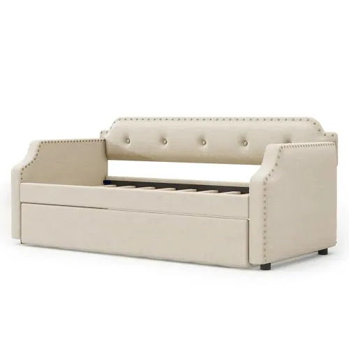 Harper & Bright Designs Twin Daybed with Trundle, Upholstered Wood Daybed with Trundle, Twin Size Trundle Daybed Sofa Bed for Bedroom Living Room,No Box Spring Needed,Beige