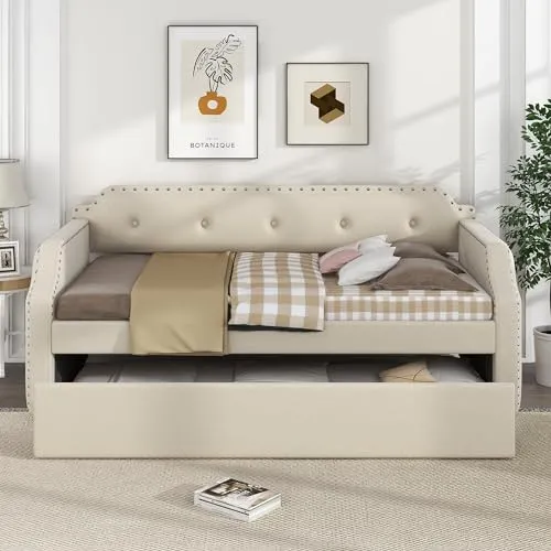 Harper & Bright Designs Twin Daybed with Trundle, Upholstered Wood Daybed with Trundle, Twin Size Trundle Daybed Sofa Bed for Bedroom Living Room,No Box Spring Needed,Beige