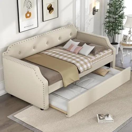 Harper & Bright Designs Twin Daybed with Trundle, Upholstered Wood Daybed with Trundle, Twin Size Trundle Daybed Sofa Bed for Bedroom Living Room,No Box Spring Needed,Beige