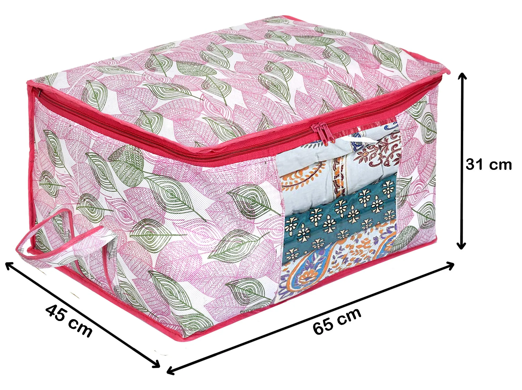 Heart Home Metalic Leafy Print Non Woven Underbed Bag|Cloth Organiser|Blanket Cover with Transparent Window|Storage Bag For Clothes Large (Pink)-HHEART16615