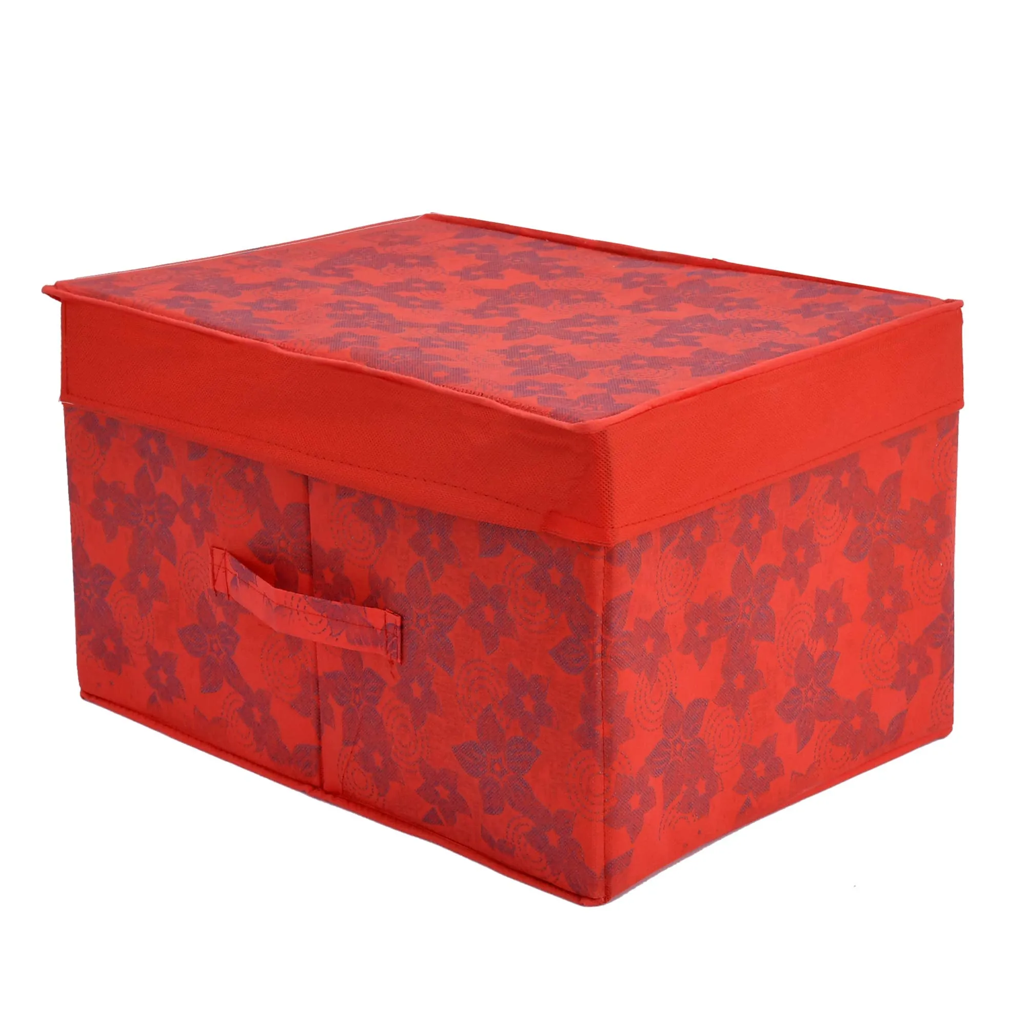 Heart Home Metallic Print Non Woven Fabric Foldable Shirt Cover Foldable Large Size Cloth Storage Box Toy, Books Wardrobe Organiser Box with Lid, Extra Large (Red) HEART5050