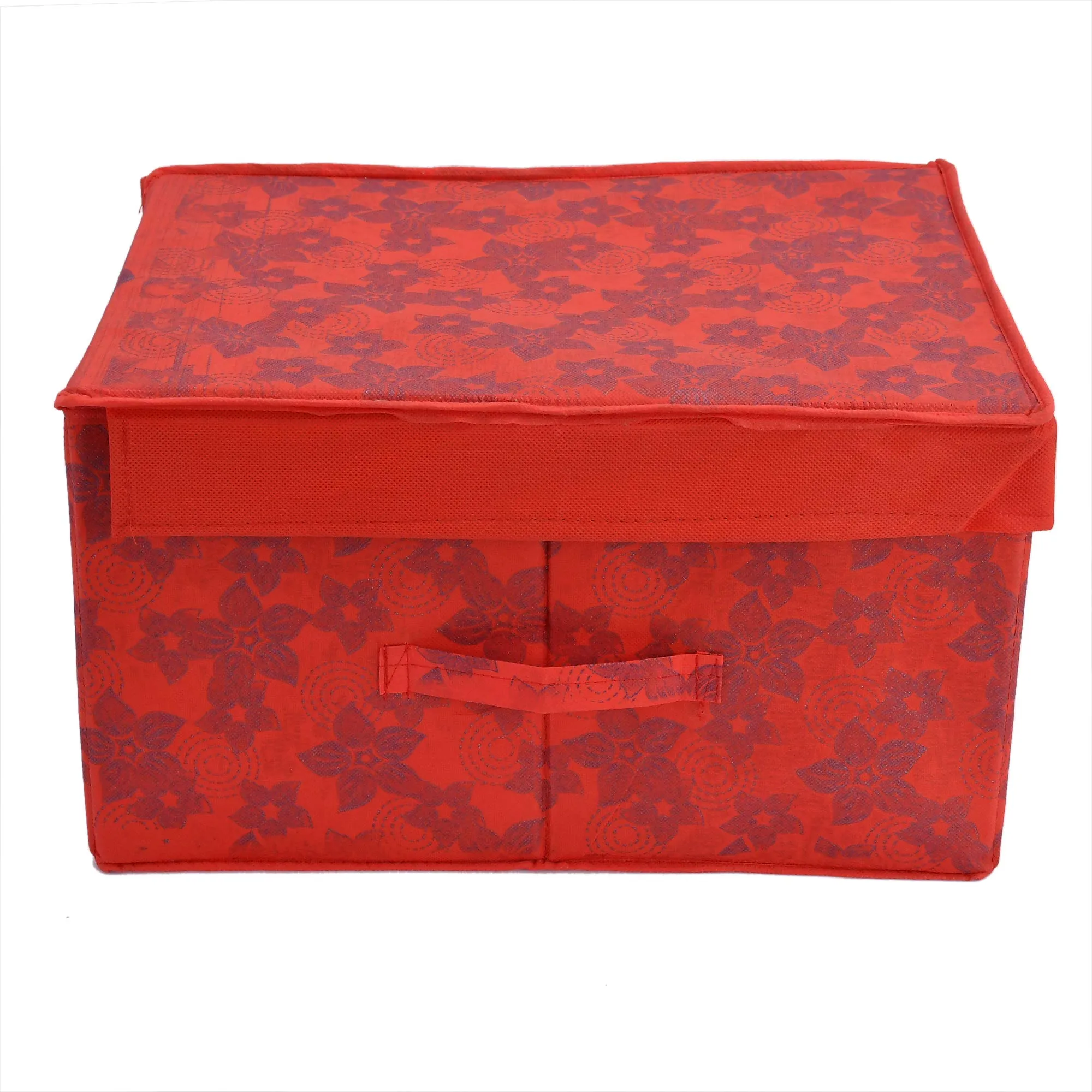 Heart Home Metallic Print Non Woven Fabric Foldable Shirt Cover Foldable Large Size Cloth Storage Box Toy, Books Wardrobe Organiser Box with Lid, Extra Large (Red) HEART5050