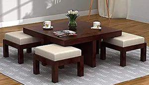 JGS Sheesham Wood Square Coffee Table with 4 Cushioned Stools for Home and Living Room Solid Wood Center Table (Walnut Finish)