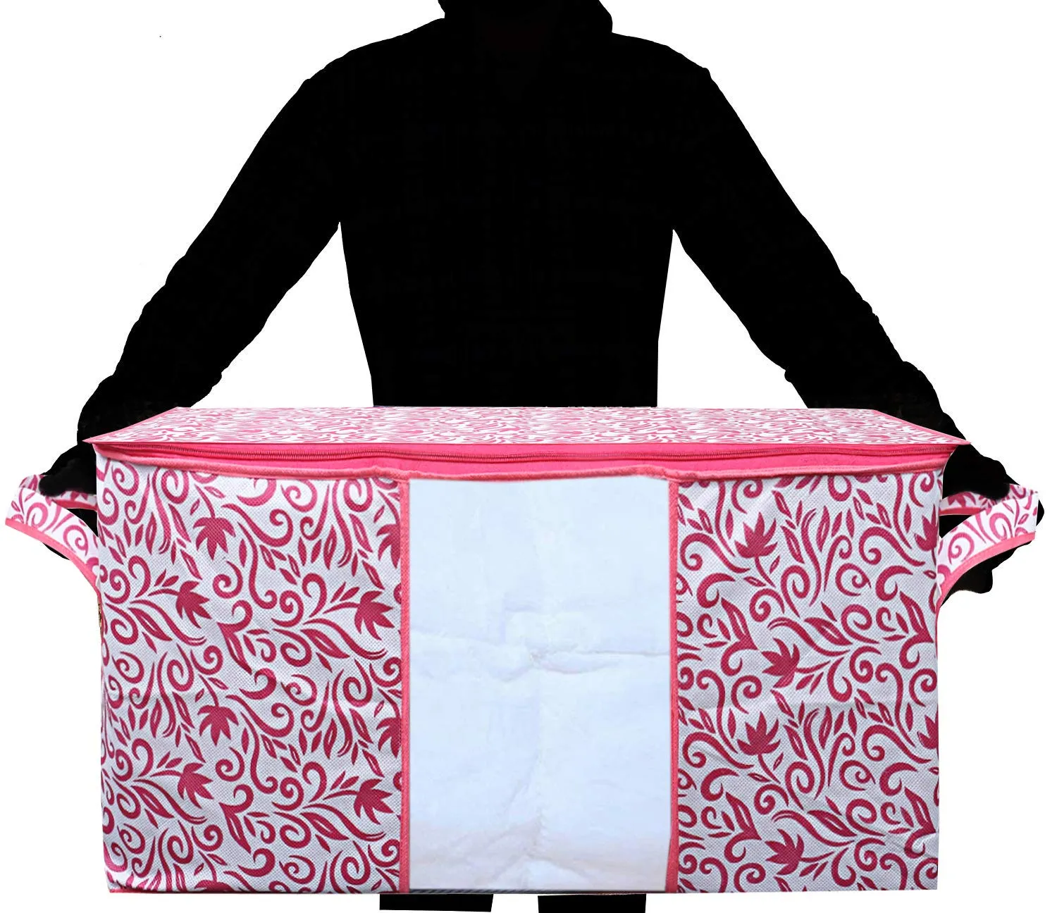 Kuber Industries Leaf Design Non Woven Underbed Storage Organizer|Blanket Cover|Pack of 3 (Pink)