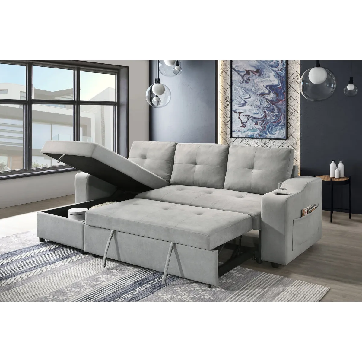 Light Grey 2-Piece Sectional with Pull-Out Sleeper & Reversible Storage Chaise