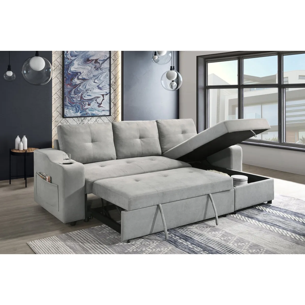 Light Grey 2-Piece Sectional with Pull-Out Sleeper & Reversible Storage Chaise