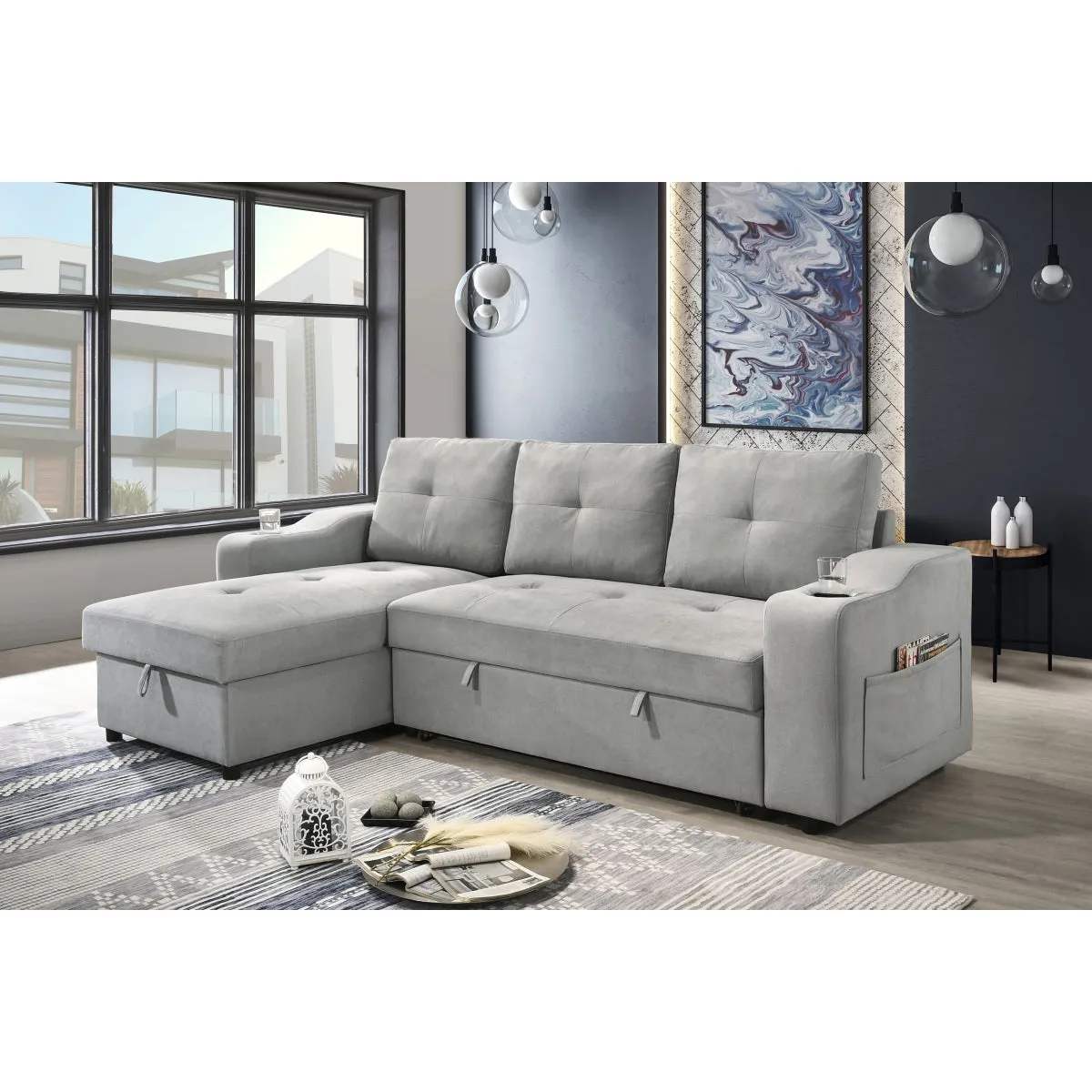 Light Grey 2-Piece Sectional with Pull-Out Sleeper & Reversible Storage Chaise