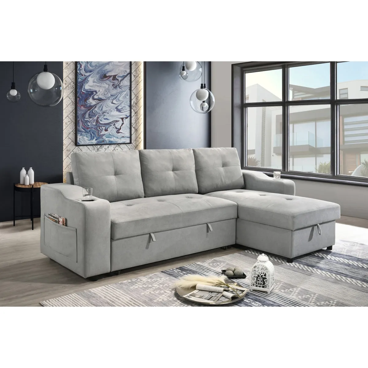 Light Grey 2-Piece Sectional with Pull-Out Sleeper & Reversible Storage Chaise