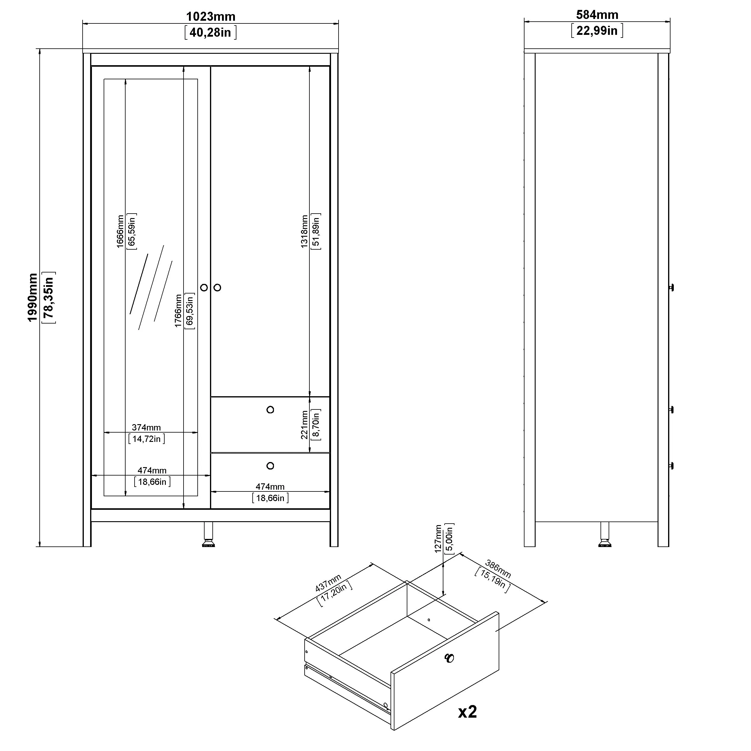 Madrid Wardrobe with 1 Plain door 1 mirror door and 2 drawers - Black