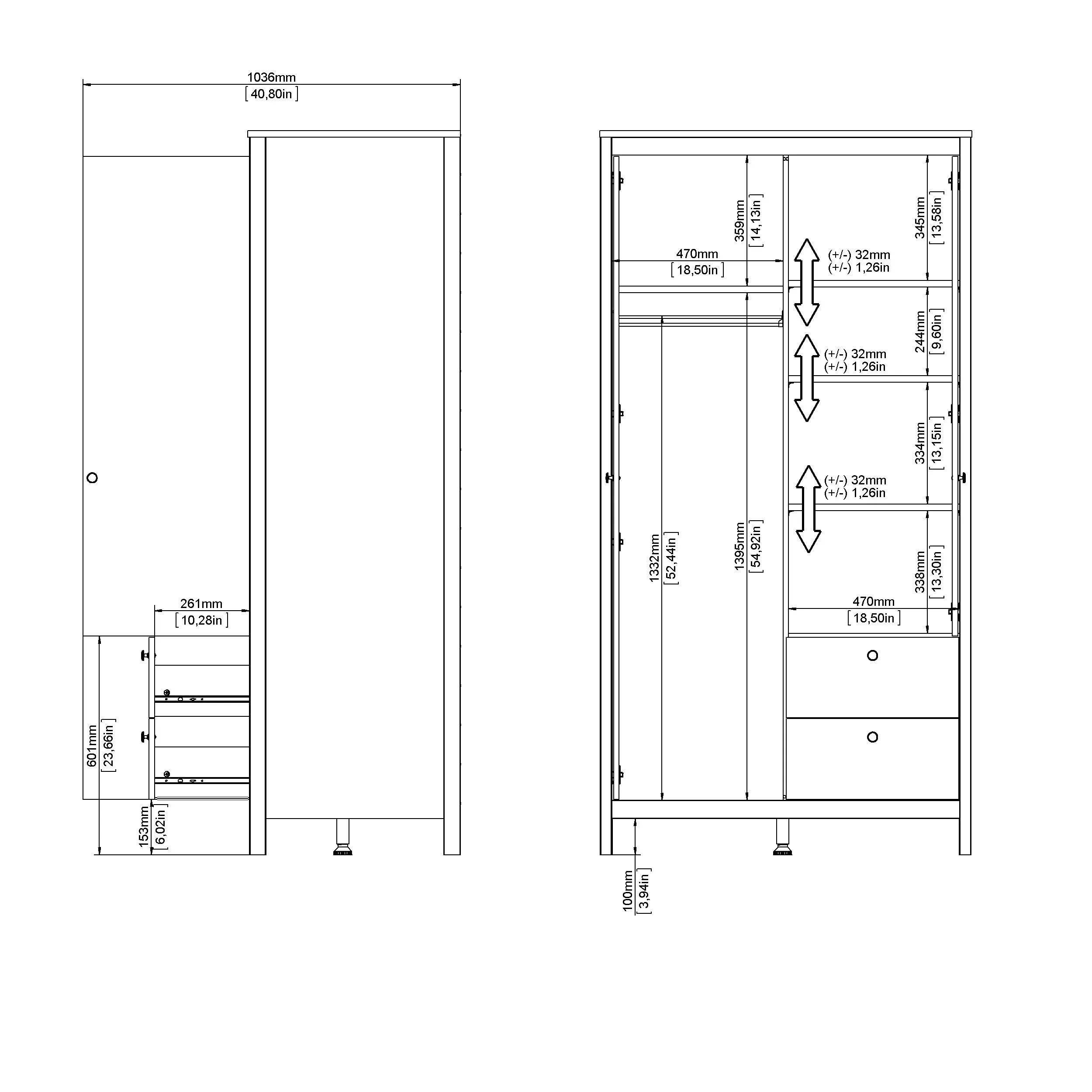 Madrid Wardrobe with 1 Plain door 1 mirror door and 2 drawers - Black