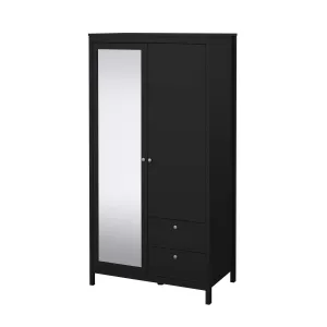 Madrid Wardrobe with 1 Plain door 1 mirror door and 2 drawers - Black