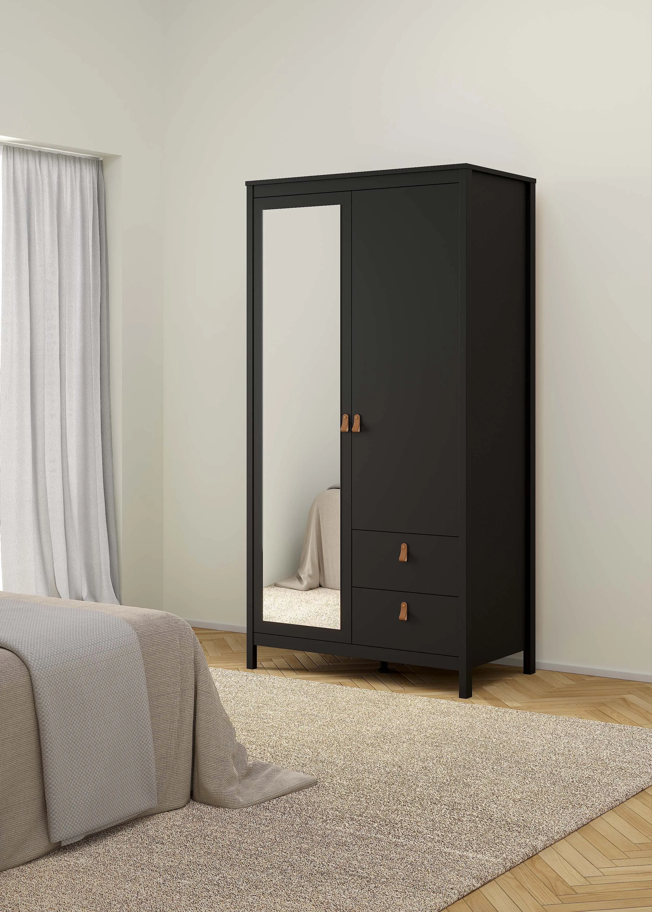 Madrid Wardrobe with 1 Plain door 1 mirror door and 2 drawers - Black