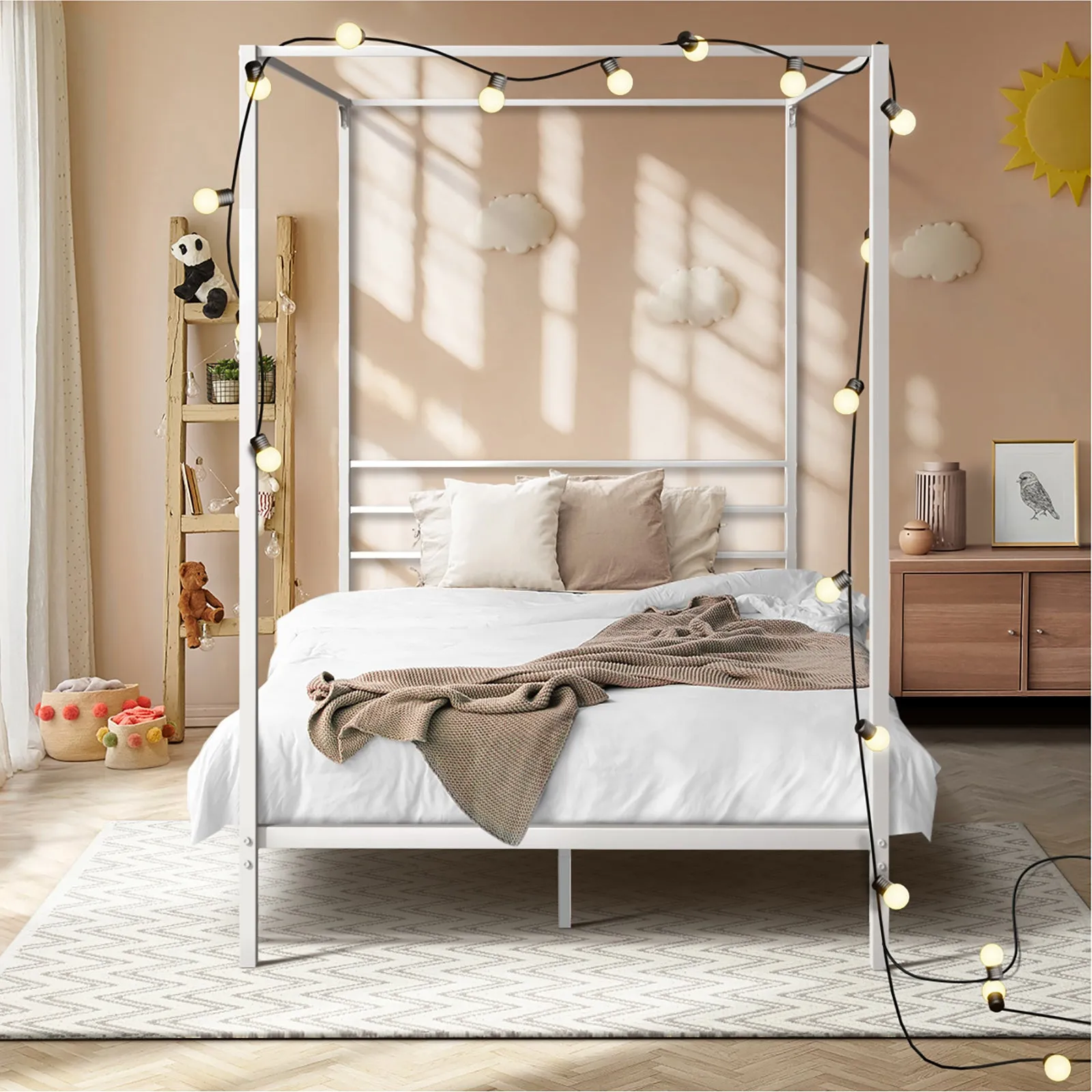 Oikiture Metal Canopy Bed Frame Single Size Beds Platform White