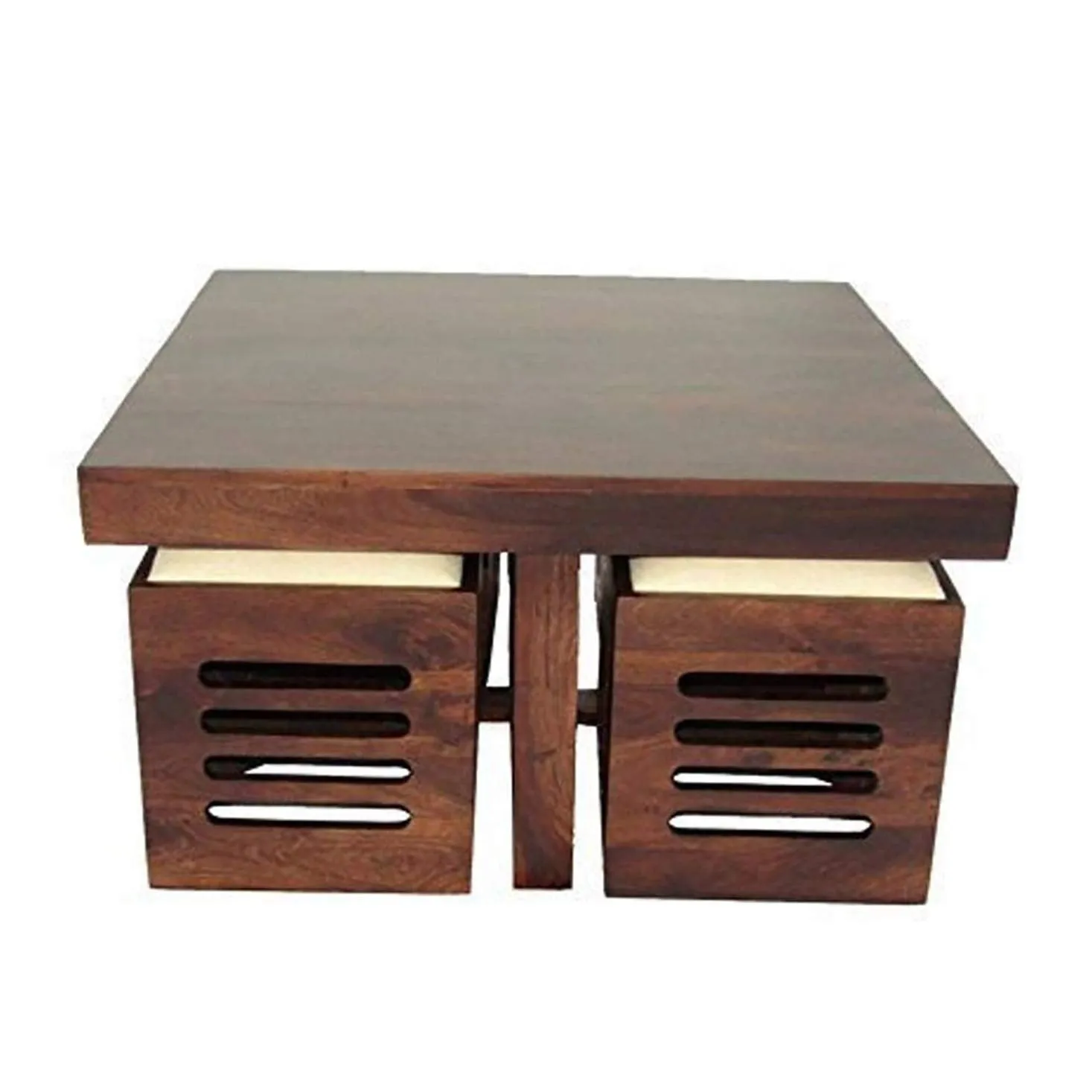 RJKART Sheesham Wood Furniture Center Coffee Table with 4 Stools for Living Room Wooden Centre Teapoy Table Stool Chair for Home Office (Walnut Finish)