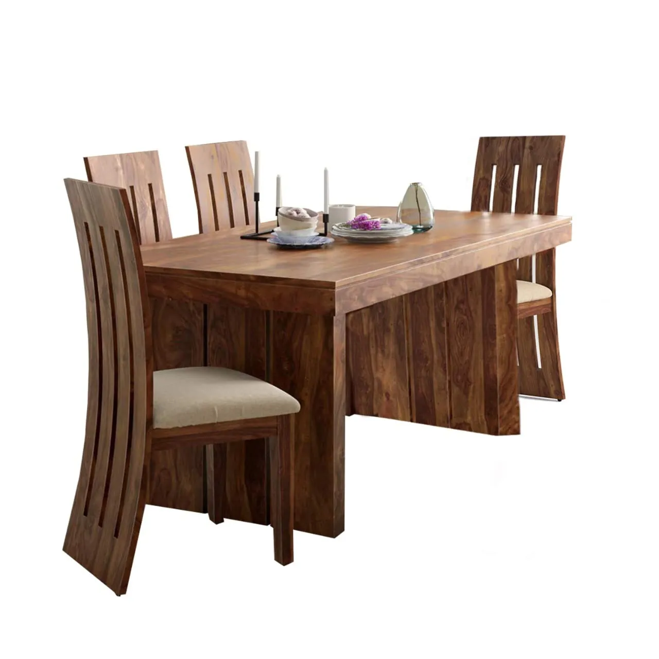 Roundhill Sheesham Wood 4 Seater Dining Table with Cushioned Chairs Dining Room Furniture Set Wooden Dinner Table for Living Room Home and Restaurant (Natural Teak Finish)