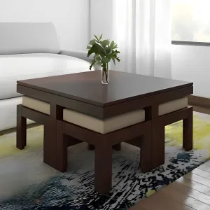 SHREE JEEN MATA ENTERPRISES Solid Sheesham Wood Four Seater Coffee Table for Living Room/Hotel/Cafe | Wooden One Tea Table with Four Stool | Finish- Walnut Finish |