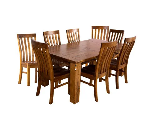 Teasel 9pc Dining Set 210cm Table 8 Chair Solid Pine Wood Timber - Rustic Oak