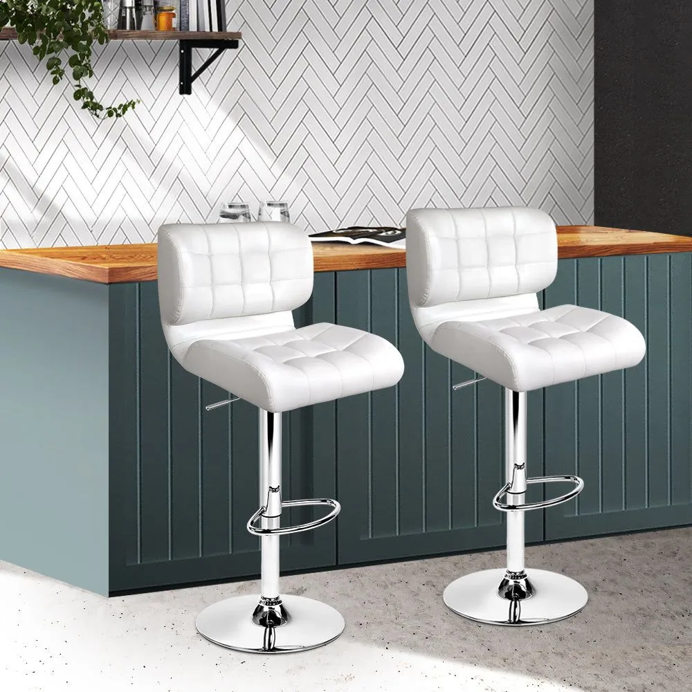 Two Bar Stools Gas Lift Leather Padded White