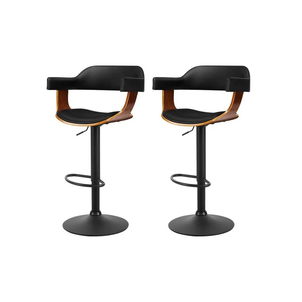 Two Bar Stools Gas Lift Leather w/Armrest All Black