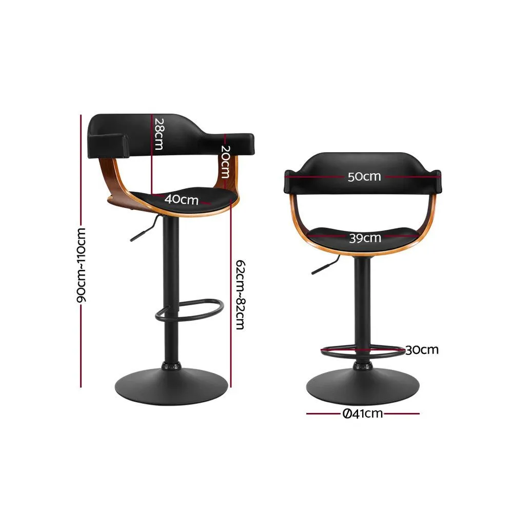 Two Bar Stools Gas Lift Leather w/Armrest All Black