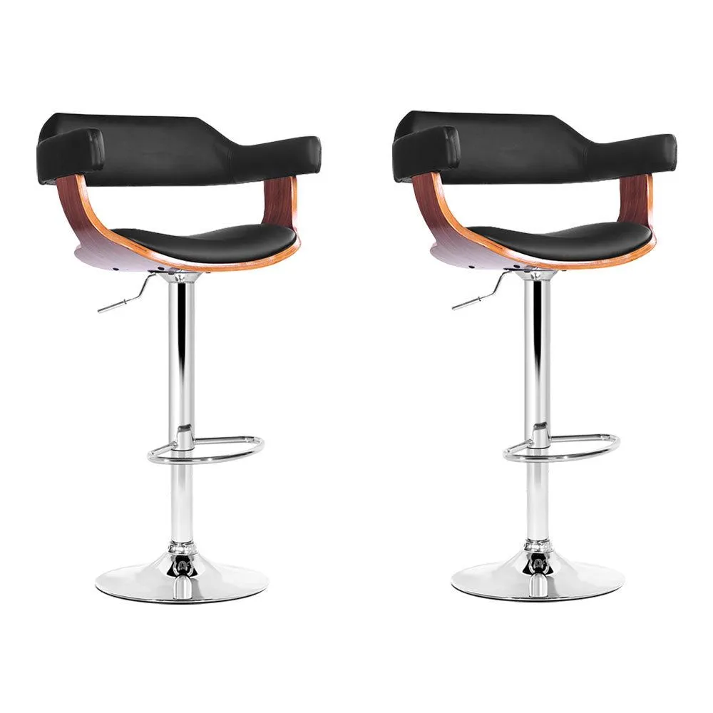 Two Bar Stools Gas Lift Leather w/Armrest Black