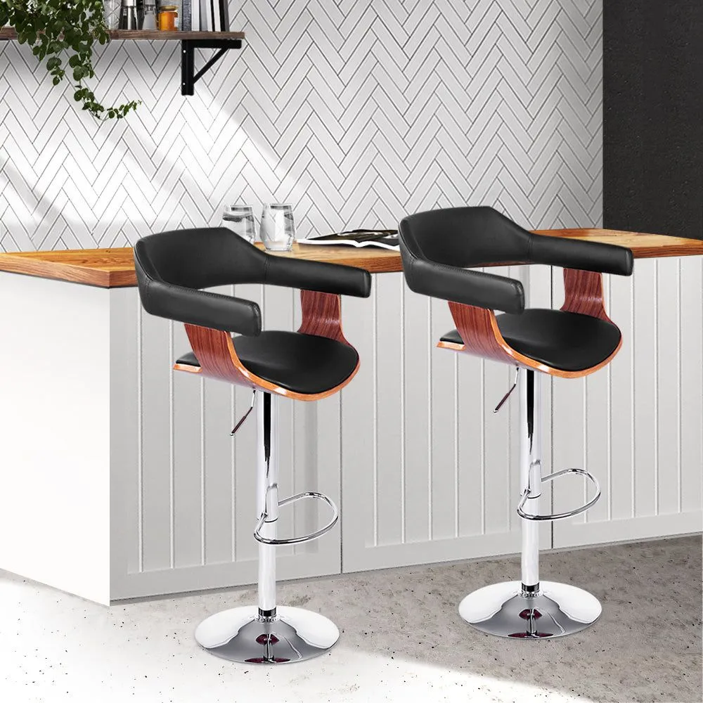 Two Bar Stools Gas Lift Leather w/Armrest Black