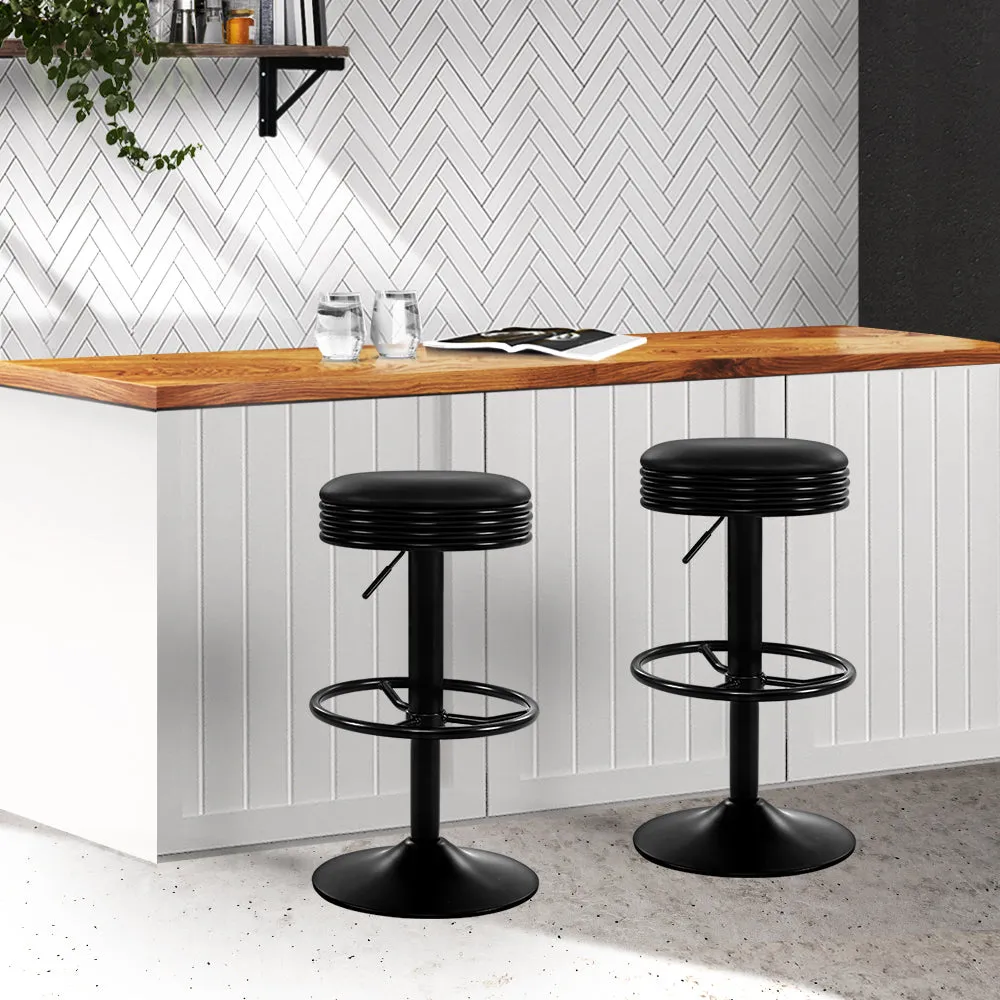 Two Bar Stools Leather Padded Gas Lift Black