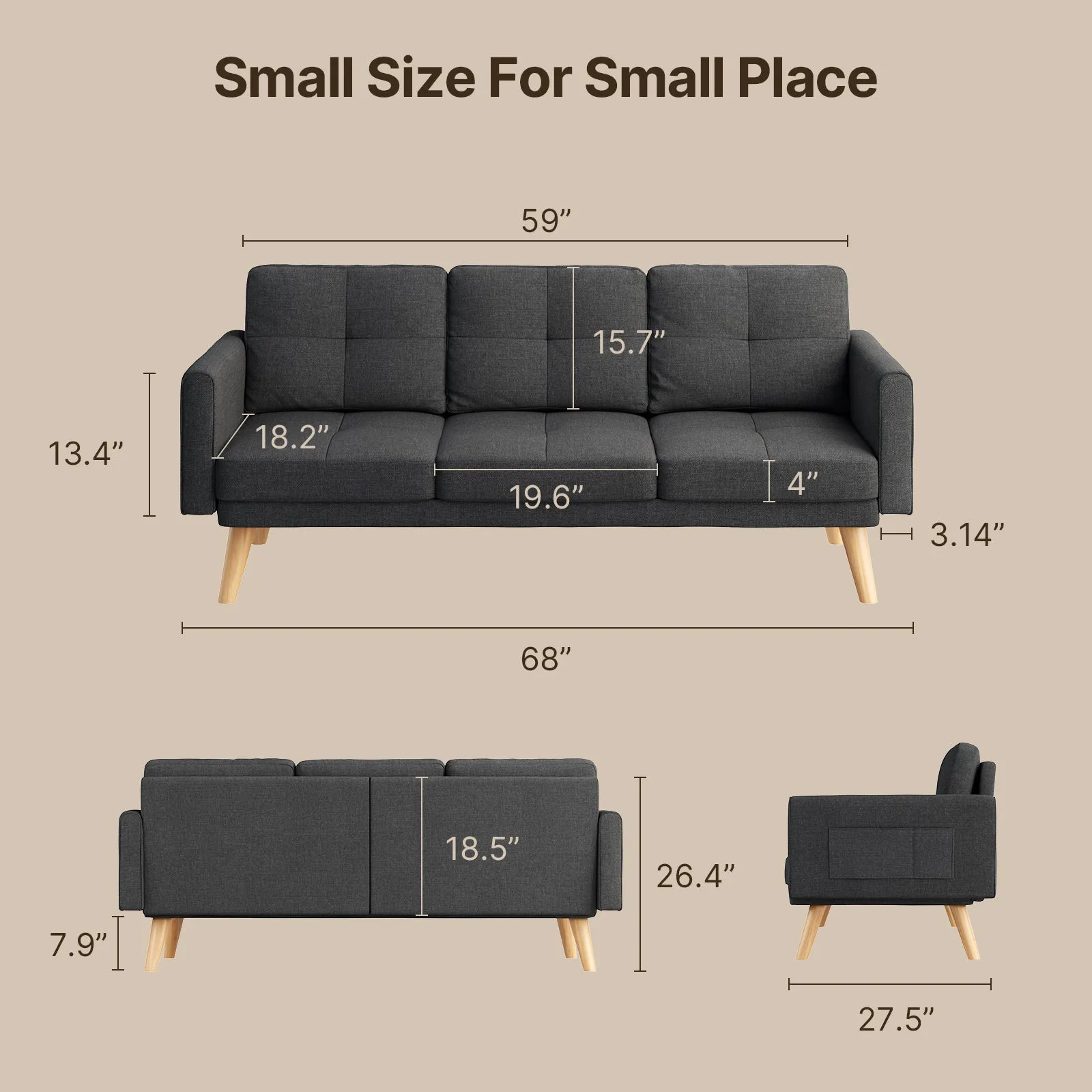 Victure AR80 Sofa Couch with Soft Armrest for Small Space