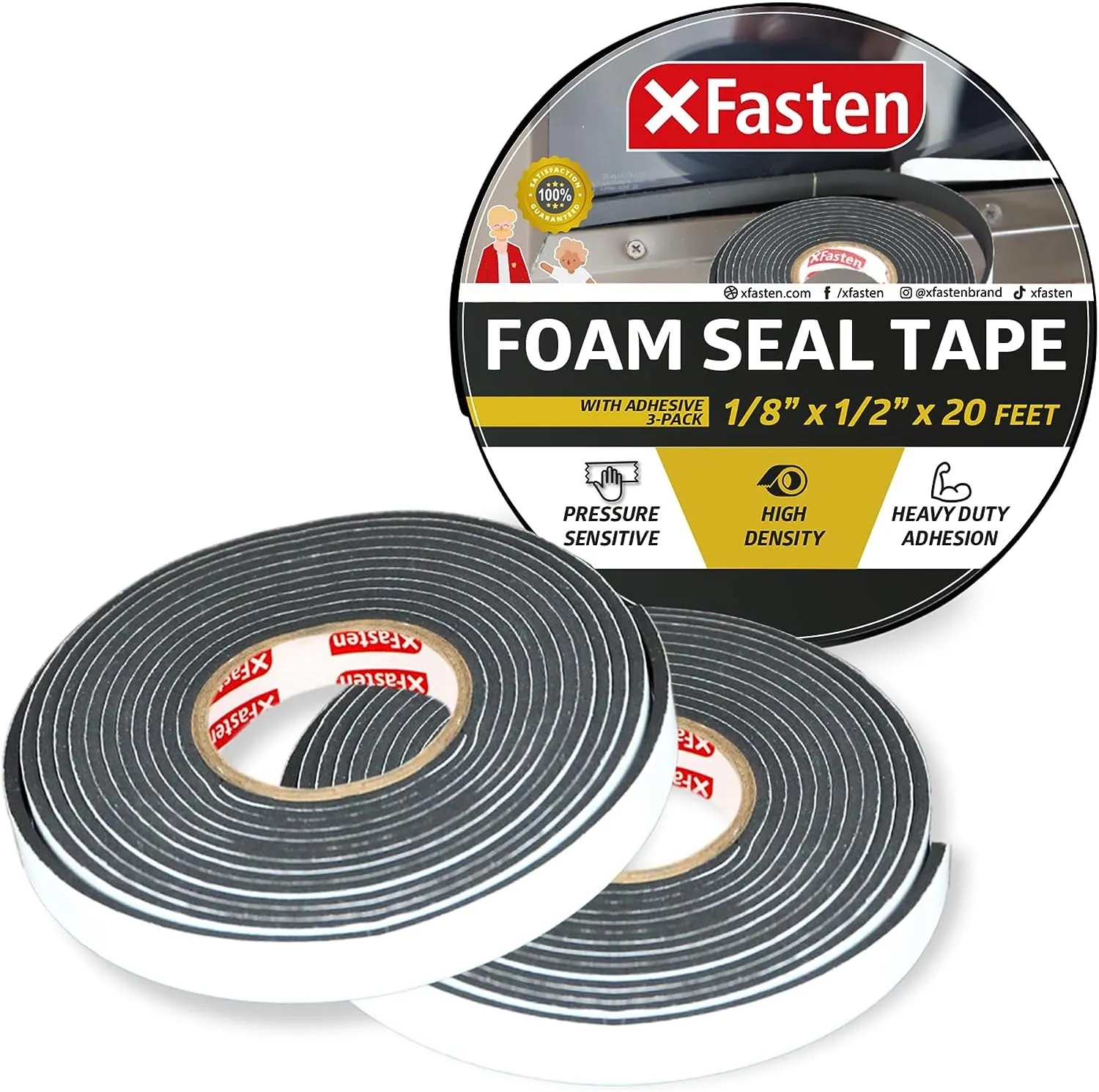 XFasten Foam Seal Tape | 1/8" Thick | 1/2 Inch x 20 Foot | 3-Pack | Black