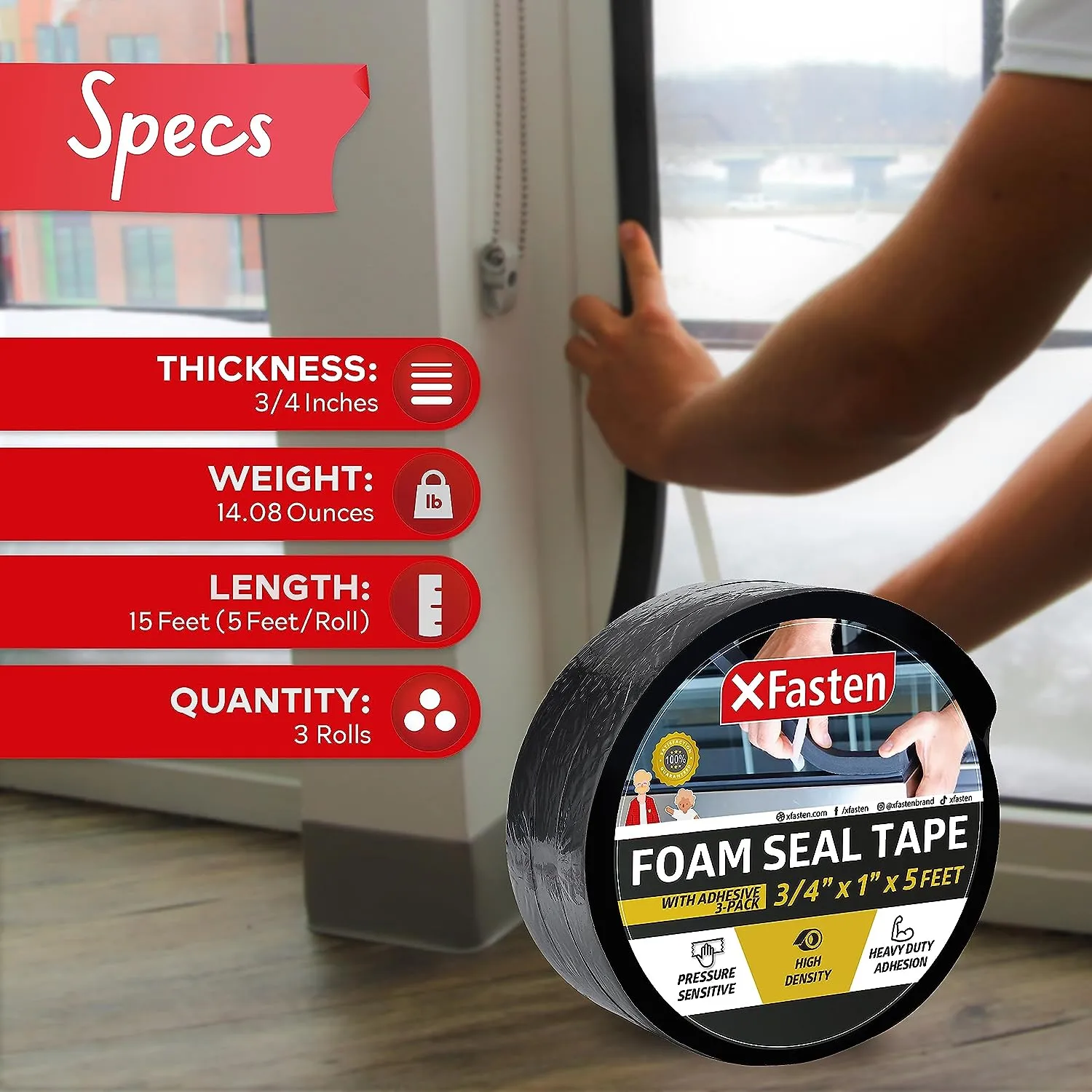 XFasten Foam Seal Tape |  3/4" Thick | 1 Inch X 5 Foot | 3-Pack | Black